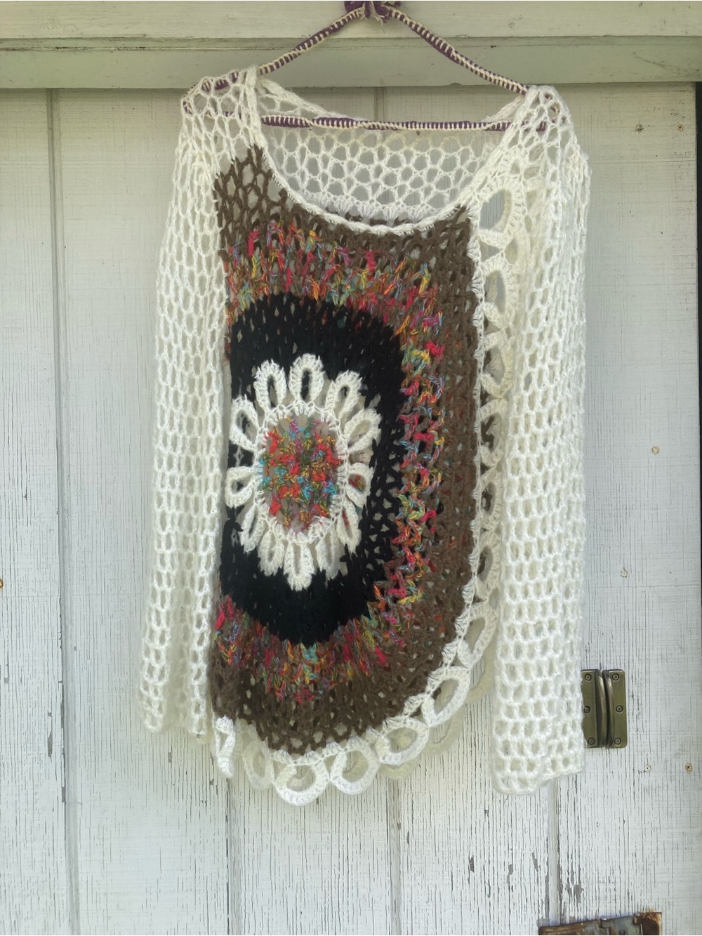 Handmade Cream Crochet Open-Knit Sweater with Multicolor Medallion